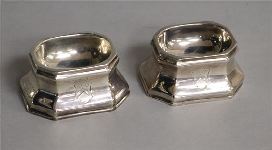 A pair of antique white metal trencher salts (a.f.), unmarked, 74mm.